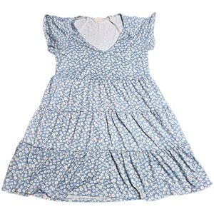 Altar'd State Blue Daisy Floral Tiered V-Neck Dress Women's Size L Blue BabyDoll